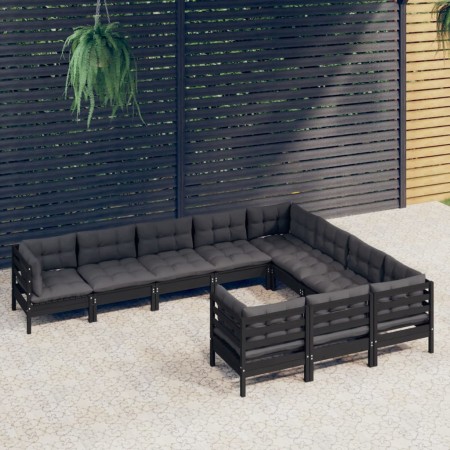 Muebles de jardín 10 pzas con cojines negro madera de pino de vidaXL, Conjuntos de jardín - Ref: Foro24-3096999, Precio: 981,...
