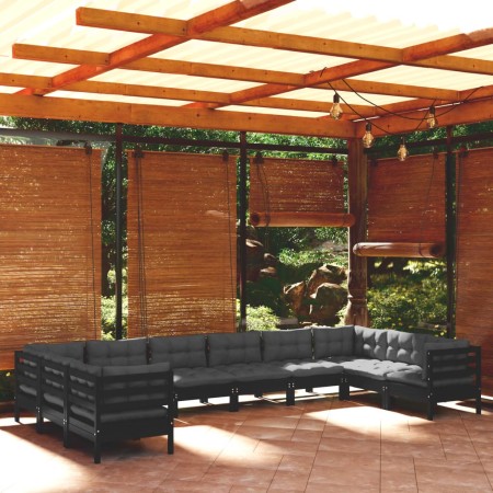 Muebles de jardín 10 pzas con cojines negro madera de pino de vidaXL, Conjuntos de jardín - Ref: Foro24-3097335, Precio: 981,...