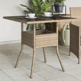 Mesa de jardín superficie de vidrio ratán PE beige 80x80x75 cm en Mesas de jardín | Comprar online en Foru.es