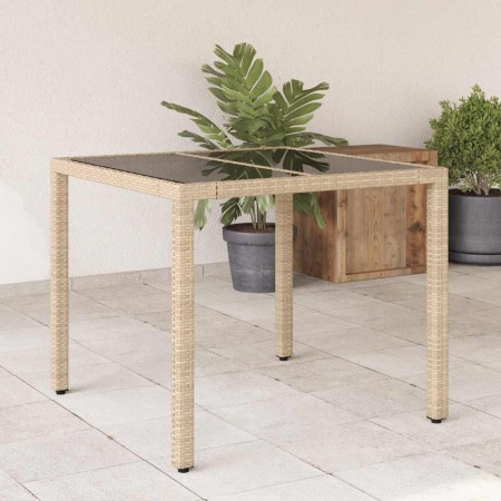 Mesa de jardín superficie de vidrio ratán PE beige 90x90x75 cm en Mesas de jardín | Comprar online en Foru.es