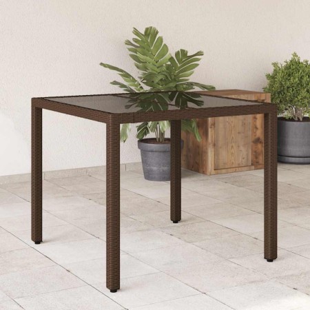 Mesa de jardín superficie de vidrio ratán PE marrón 90x90x75 cm en Mesas de jardín | Comprar online en Foru.es