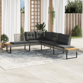 Sofá de jardín con cojines forma de L ratán PE gris y acacia en Sofás de exterior | Comprar online en Foru.es