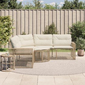 Sofá de jardín forma de L con cojines y taburete ratán PE beige en Sofás de exterior | Comprar online en Foru.es