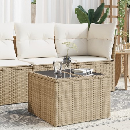 Mesa de jardín superficie de vidrio ratán PE beige 55x55x37 cm en Mesas de jardín | Comprar online en Foru.es