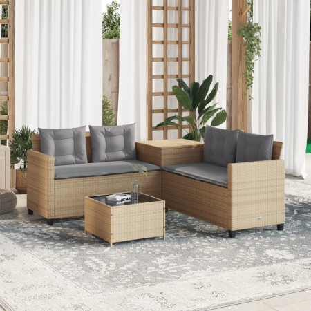 Sofá de jardín en forma de L con mesa y cojines ratán PE beige en Conjuntos de jardín | Comprar online en Foru.es