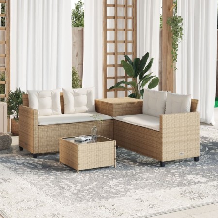Sofá de jardín en forma de L con mesa y cojines ratán PE beige en Conjuntos de jardín | Comprar online en Foru.es
