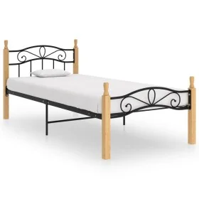 Solid oak wood bed frame black metal 90x200 cm by vidaXL, Beds and slatted bases - Ref: Foro24-324911, Price: 86,12 €, Discou...