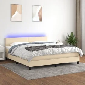 Cama box spring con colchón y LED tela crema 160x200 cm de vidaXL, Camas y somieres - Ref: Foro24-3133010, Precio: 501,58 €, ...