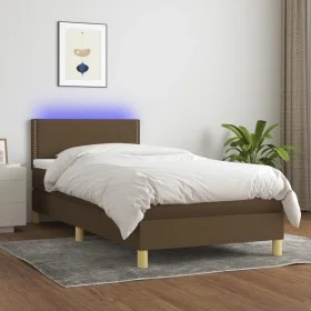 Cama box spring con colchón LED tela marrón oscuro 90x200 cm de vidaXL, Camas y somieres - Ref: Foro24-3133608, Precio: 286,4...
