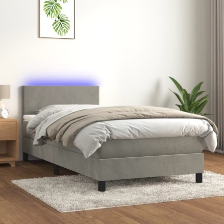 Cama box spring colchón y LED terciopelo gris claro 90x190 cm de vidaXL, Camas y somieres - Ref: Foro24-3134255, Precio: 286,...