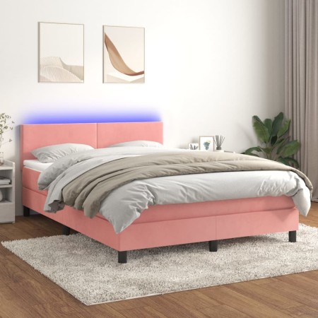 Cama box spring colchón y LED terciopelo rosa 140x190 cm de vidaXL, Camas y somieres - Ref: Foro24-3134284, Precio: 442,27 €,...