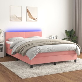 Cama box spring colchón y LED terciopelo rosa 140x200 cm de vidaXL, Camas y somieres - Ref: Foro24-3134290, Precio: 421,41 €,...