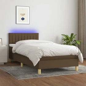 Cama box spring con colchón LED tela marrón oscuro 90x200 cm de vidaXL, Camas y somieres - Ref: Foro24-3133848, Precio: 285,1...