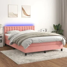 Cama box spring colchón y LED terciopelo rosa 140x200 cm de vidaXL, Camas y somieres - Ref: Foro24-3134650, Precio: 417,96 €,...
