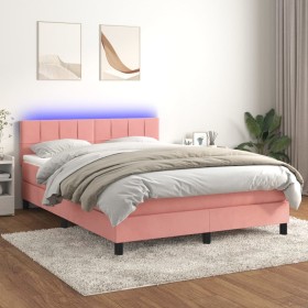 Cama box spring colchón y LED terciopelo rosa 140x190 cm de vidaXL, Camas y somieres - Ref: Foro24-3134404, Precio: 435,39 €,...