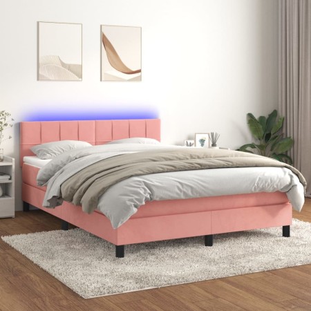 Cama box spring colchón y LED terciopelo rosa 140x190 cm de vidaXL, Camas y somieres - Ref: Foro24-3134404, Precio: 435,39 €,...