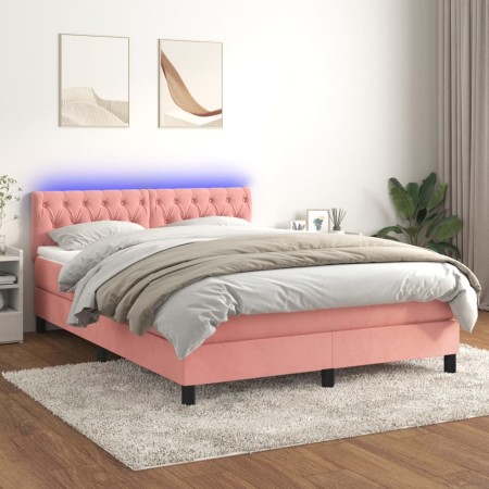 Cama box spring colchón y LED terciopelo rosa 140x200 cm de vidaXL, Camas y somieres - Ref: Foro24-3134590, Precio: 436,19 €,...