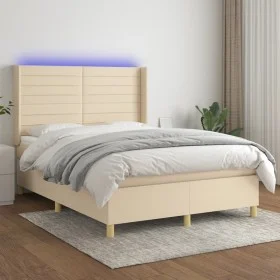 Cama box spring colchón y luces LED tela crema 140x200 cm de vidaXL, Camas y somieres - Ref: Foro24-3138962, Precio: 535,03 €...