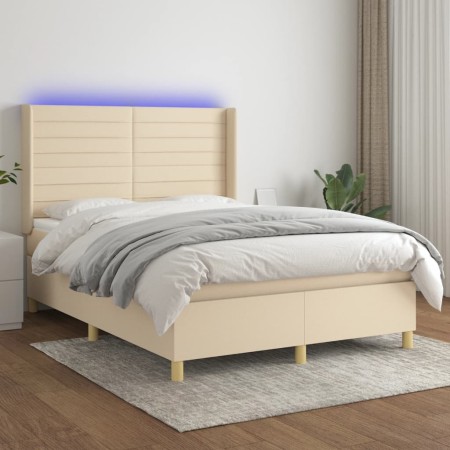 Cama box spring colchón y luces LED tela crema 140x200 cm de vidaXL, Camas y somieres - Ref: Foro24-3138962, Precio: 546,36 €...