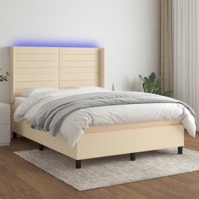 Cama box spring colchón y luces LED tela crema 140x200 cm de vidaXL, Camas y somieres - Ref: Foro24-3138402, Precio: 537,11 €...