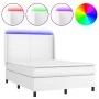 Box spring bed with mattress and LED white synthetic leather 140x190 cm by vidaXL, Beds and slatted bases - Ref: Foro24-31392...