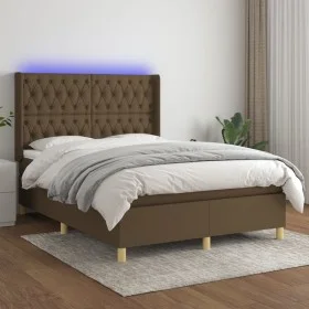 Cama box spring colchón luces LED tela marrón oscuro 140x200cm de vidaXL, Camas y somieres - Ref: Foro24-3139120, Precio: 524...