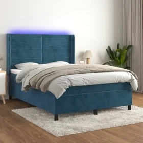 Cama box spring colchón y LED terciopelo azul oscuro 140x190 cm de vidaXL, Camas y somieres - Ref: Foro24-3139623, Precio: 48...