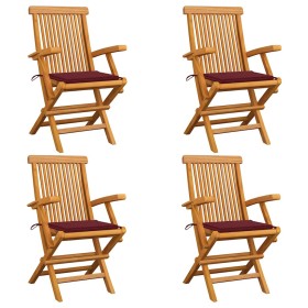Sillas de jardín 4 uds madera teca con cojines rojo tinto en Sillas de jardín | Comprar online en Foru.es