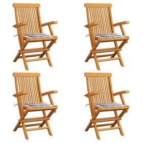 Sillas de jardín 4 uds madera teca con cojines a cuadros grises en Sillas de jardín | Comprar online en Foru.es