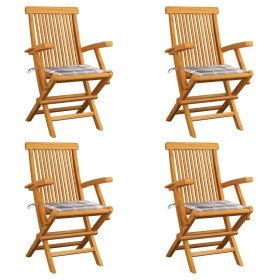Sillas de jardín 4 uds madera teca con cojines a cuadros grises en Sillas de jardín | Comprar online en Foru.es