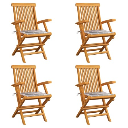 Sillas de jardín 4 uds madera teca con cojines a cuadros grises en Sillas de jardín | Comprar online en Foru.es
