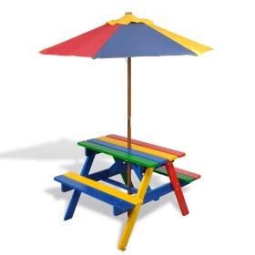 Mesa de picnic y bancos de niños y sombrilla madera multicolor en Mesas de jardín | Comprar online en Foru.es