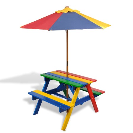 Mesa de picnic y bancos de niños y sombrilla madera multicolor en Mesas de jardín | Comprar online en Foru.es