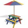 Mesa de picnic y bancos de niños y sombrilla madera multicolor en Mesas de jardín | Comprar online en Foru.es
