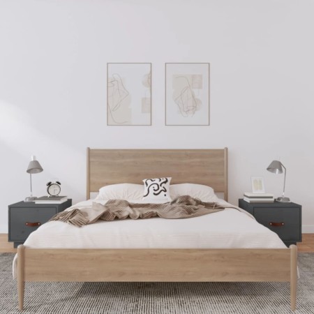 Mesitas de noche 2 uds madera maciza de pino gris 40x34x35 cm de vidaXL, Mesitas de noche - Ref: Foro24-818290, Precio: 64,40...