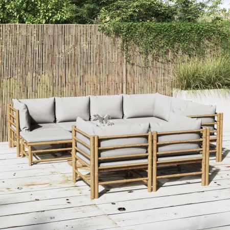 Set de muebles de jardín 10 piezas bambú y cojines gris claro de vidaXL, Conjuntos de jardín - Ref: Foro24-3155096, Precio: 1...