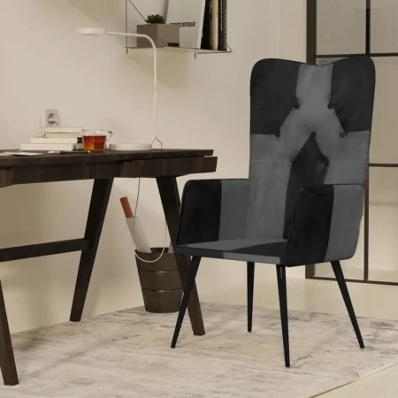 Sillón orejero cuero auténtico negro y gris de vidaXL, Sillones - Ref: Foro24-339662, Precio: 85,64 €, Descuento: %