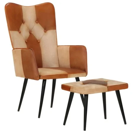Sillón con reposapiés cuero auténtico y lona marrón de vidaXL, Sillones - Ref: Foro24-339675, Precio: 99,18 €, Descuento: %