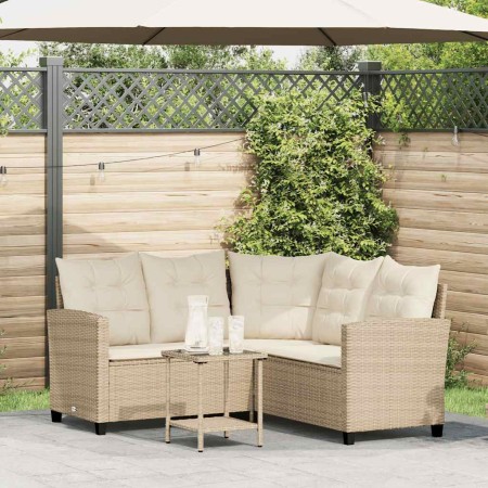 Sofá de jardín en forma de L con mesa y cojines ratán PE beige en Sofás de exterior | Comprar online en Foru.es
