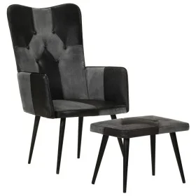 Sillón con reposapiés cuero auténtico y lona negro de vidaXL, Sillones - Ref: Foro24-339678, Precio: 104,46 €, Descuento: %