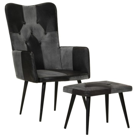 Sillón con reposapiés cuero auténtico y lona negro de vidaXL, Sillones - Ref: Foro24-339678, Precio: 100,68 €, Descuento: %