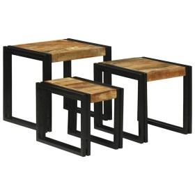 Mesa Nido 3 pcs Marrón y Negro Madera de Mango Sólida y Metal en Mesas auxiliares | Comprar online en Foru.es