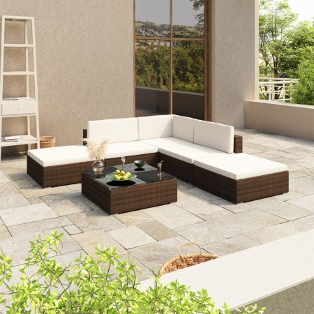Set muebles de jardín 6 piezas y cojines ratán sintético marrón en Conjuntos de jardín | Comprar online en Foru.es