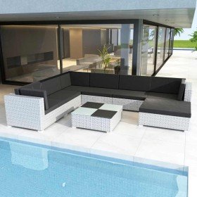 Set muebles de jardín 8 piezas y cojines ratán sintético blanco en Conjuntos de jardín | Comprar online en Foru.es