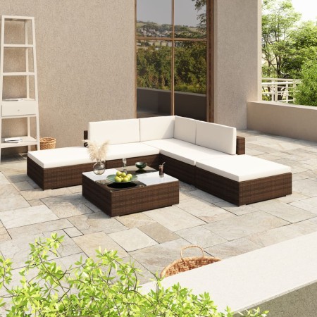 Set muebles de jardín 6 piezas y cojines ratán sintético marrón en Conjuntos de jardín | Comprar online en Foru.es