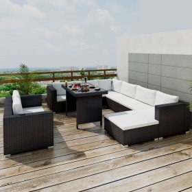Set muebles de jardín 10 piezas y cojines ratán sintético negro en Conjuntos de jardín | Comprar online en Foru.es