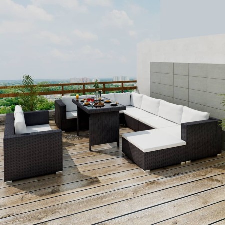 Set muebles de jardín 10 piezas y cojines ratán sintético negro en Conjuntos de jardín | Comprar online en Foru.es