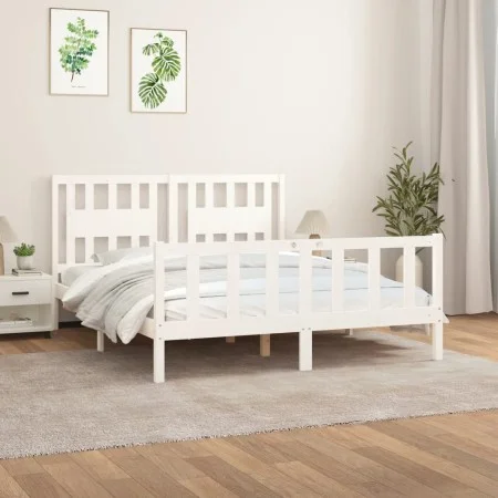 Estructura de cama con cabecero madera pino blanco 160x200 cm de vidaXL, Camas y somieres - Ref: Foro24-3188177, Precio: 147,...