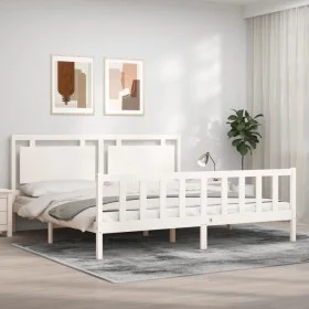 White solid wood bed frame with headboard 180x200 cm by vidaXL, Beds and slatted bases - Ref: Foro24-3192182, Price: 183,85 €...
