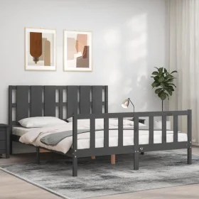 Double bed frame with gray solid wood headboard by vidaXL, Beds and slatted bases - Ref: Foro24-3192238, Price: 167,44 €, Dis...